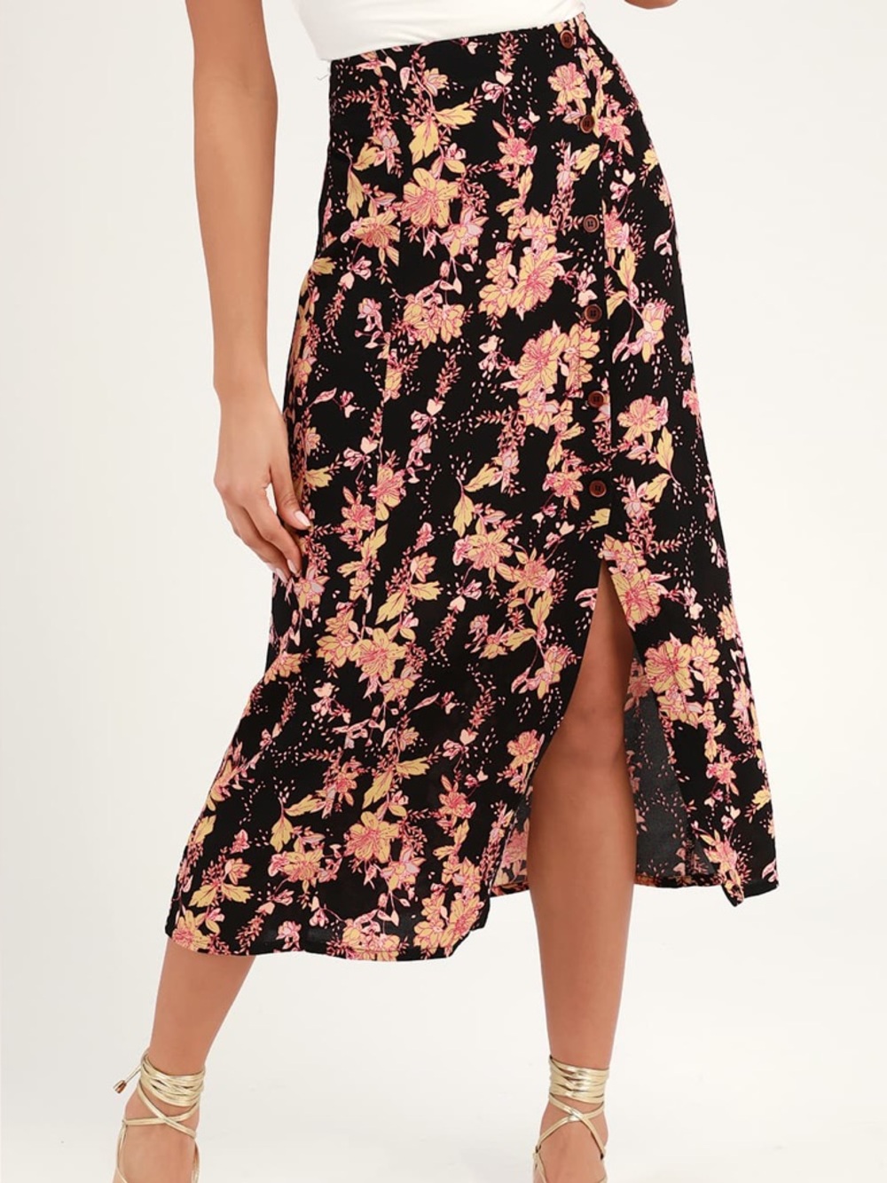 Free People Black Floral Midi Skirt with Pink and Yellow Accents - Picture 2 of 14
